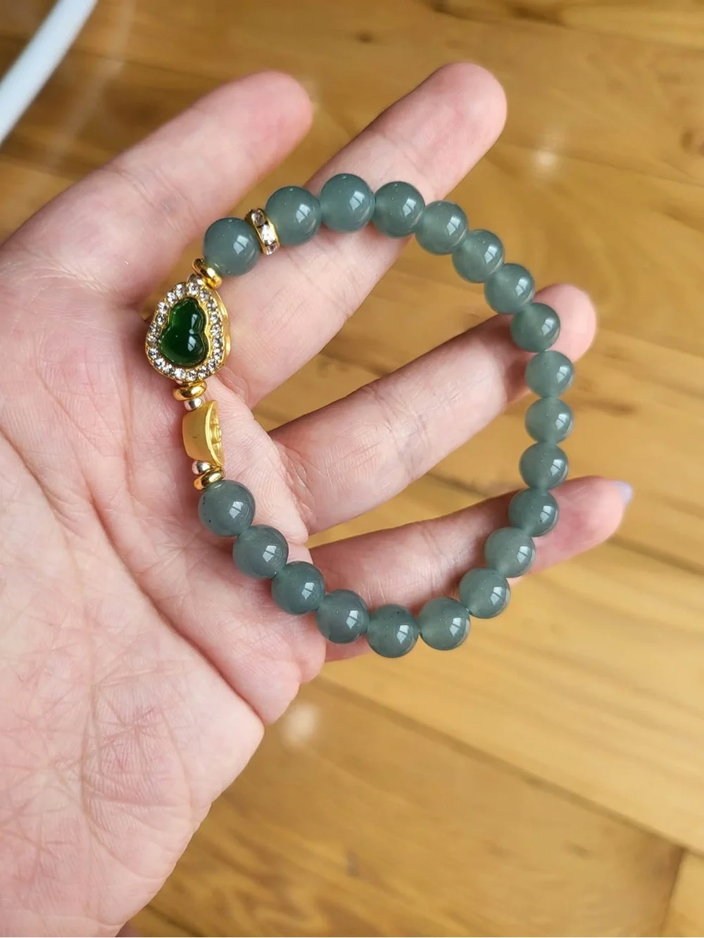 Gold-Accent Green Bead Stretch Bracelet with Jade peace-boxed Charm